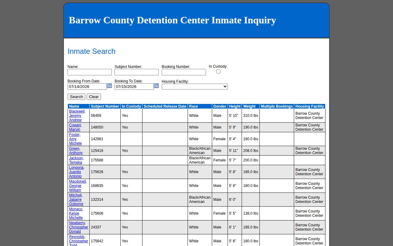 Barrow County 24 hour release booking date search example