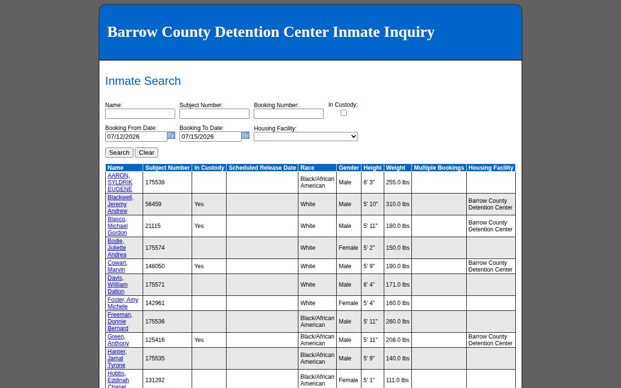Barrow County 72 hour release three-day booking search