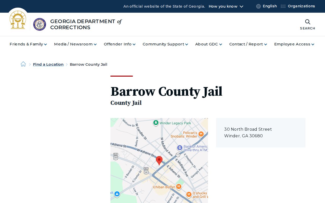 Georgia Department of Corrections directory listing for Barrow County Jail