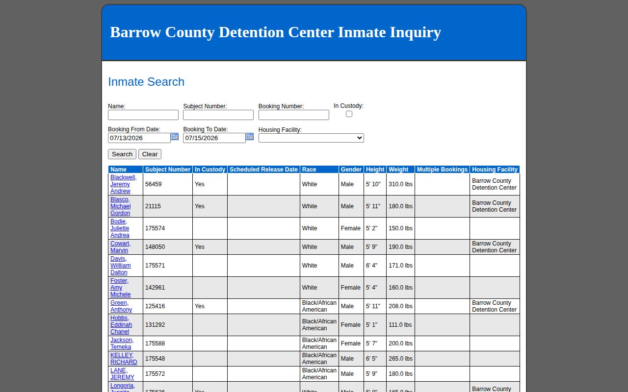 Barrow County Inmate Inquiry booking date search interface