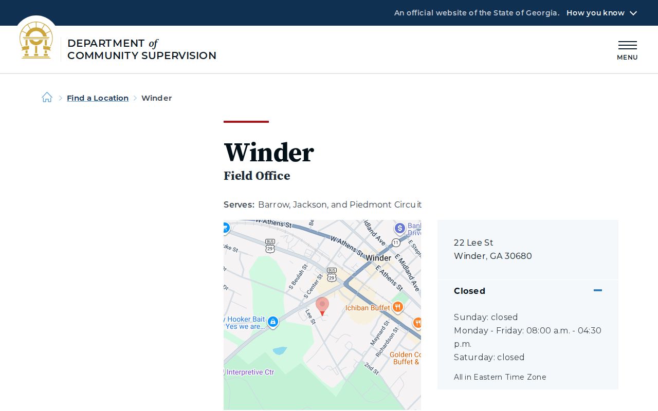 Barrow County parole and probation DCS Winder office page